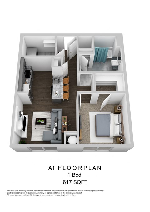 Floor plan for 1 bed, 1 bath, 617 sqft